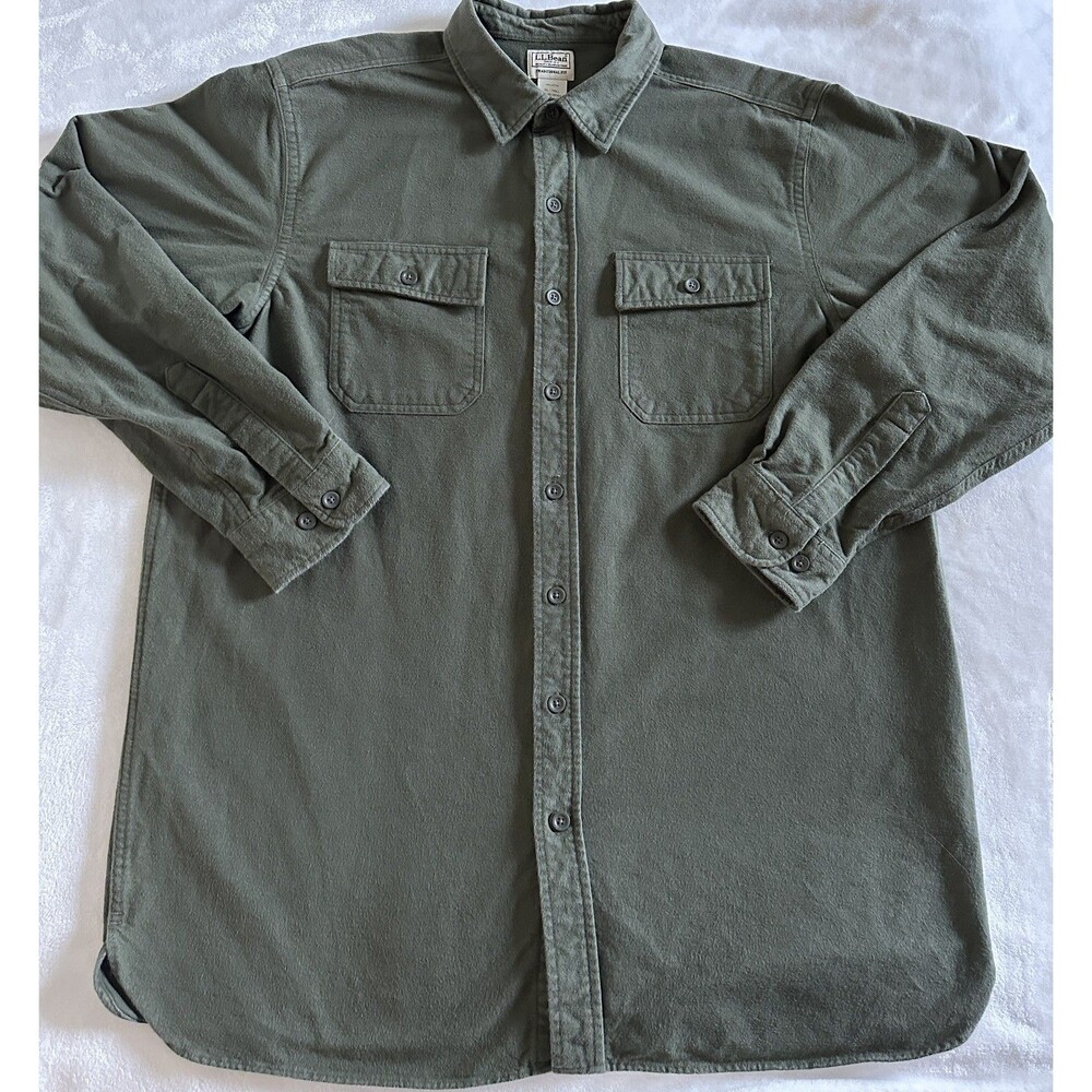 LL Bean Chamois Cloth Shirt Mens XL Tall Olive Heavyweight Flannel Trad Fit